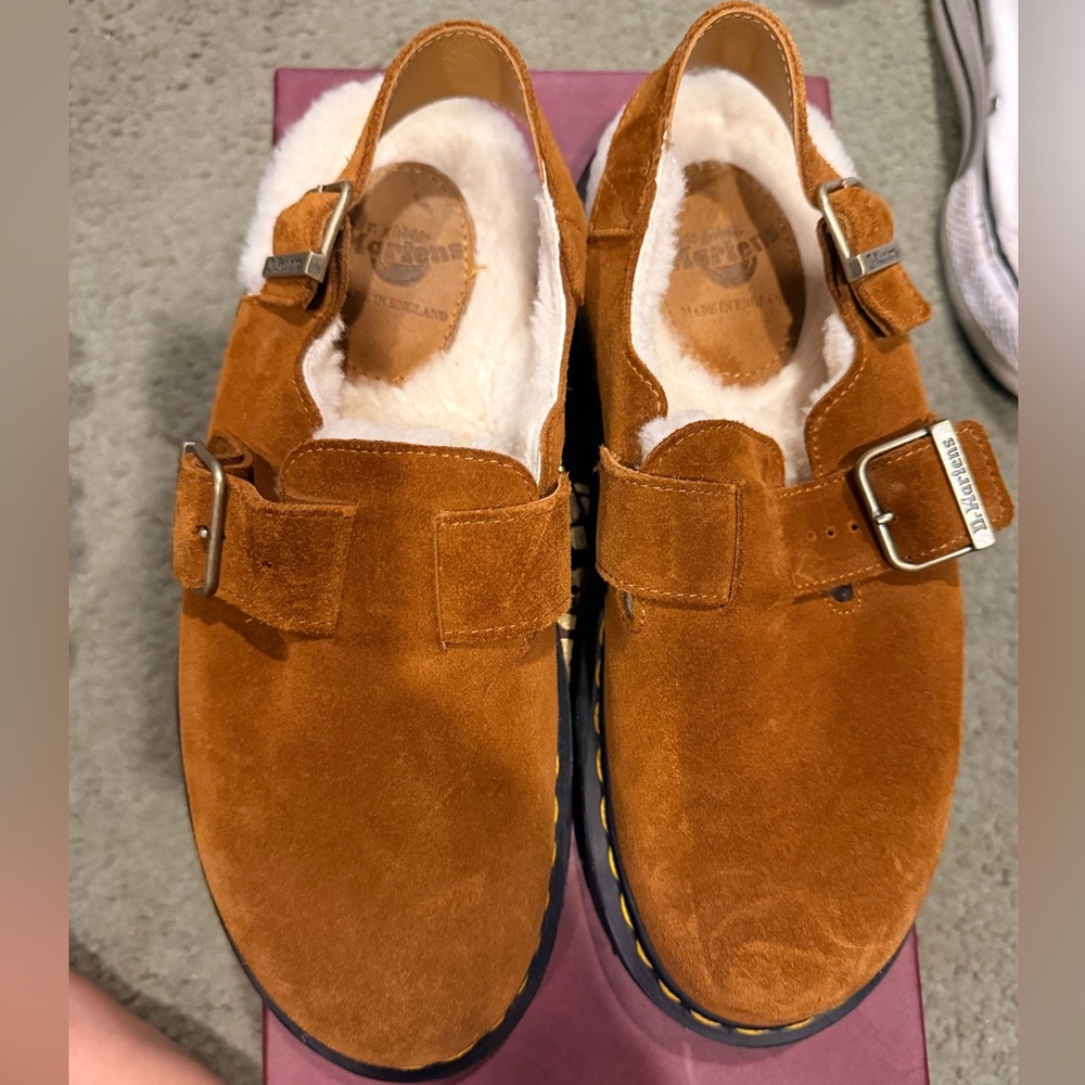 Dr. Martens Brown Suede Mules w/ Sherpa